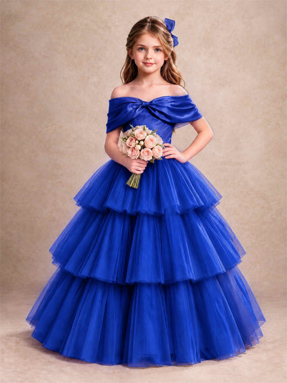 Off Shoulder Satin Bow Flower Girl Dress Tiered Ruffle Tulle Floor Length Wedding Pageant Gown