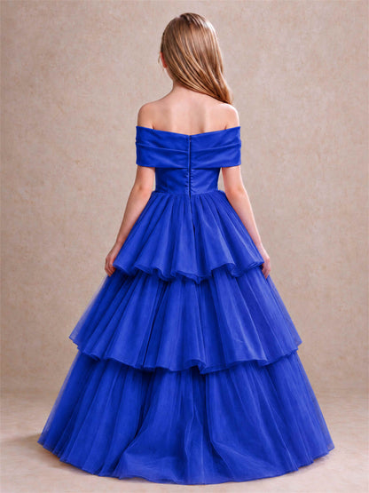 Off Shoulder Satin Bow Flower Girl Dress Tiered Ruffle Tulle Floor Length Wedding Pageant Gown