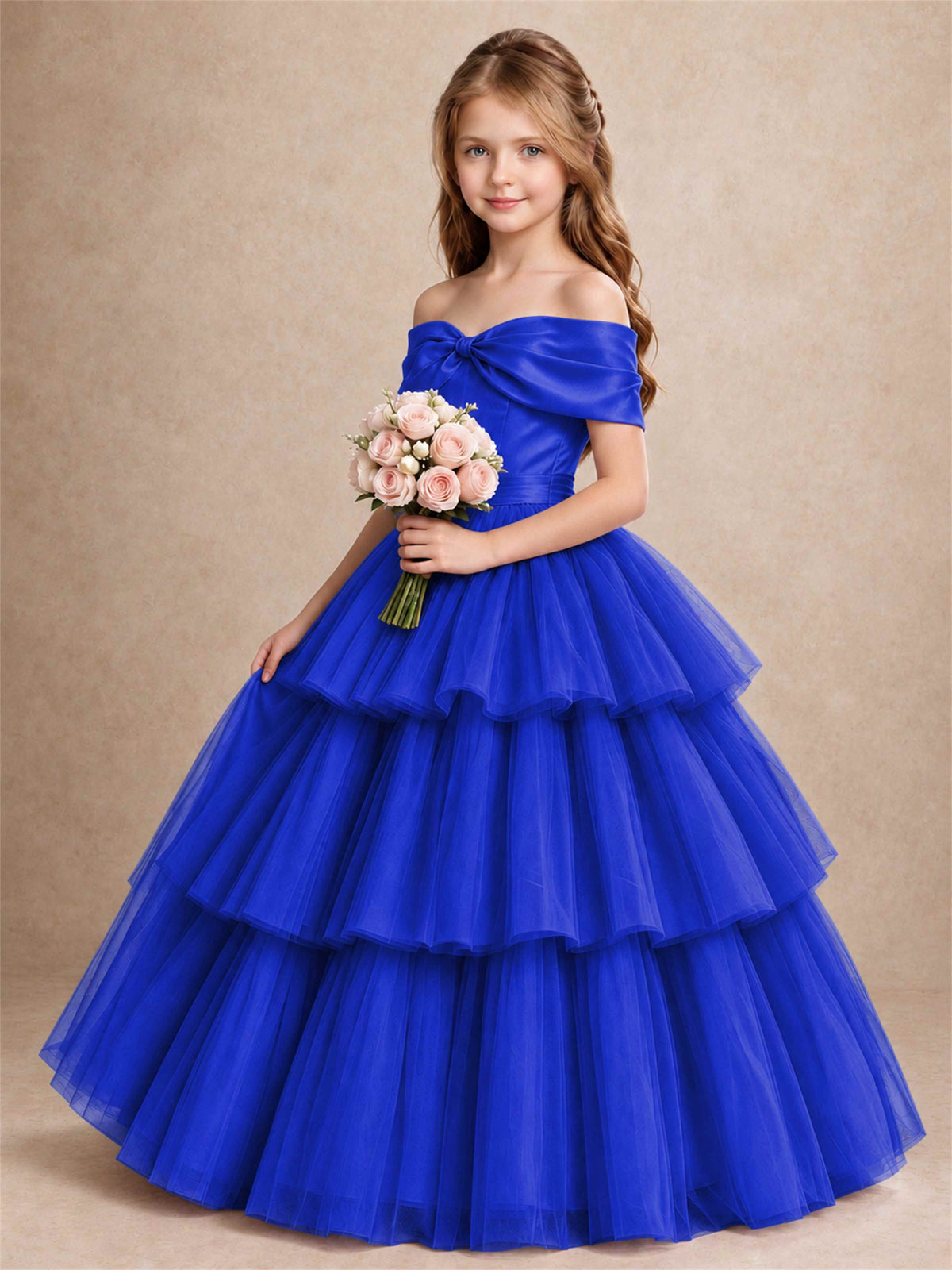 Off Shoulder Satin Bow Flower Girl Dress Tiered Ruffle Tulle Floor Length Wedding Pageant Gown