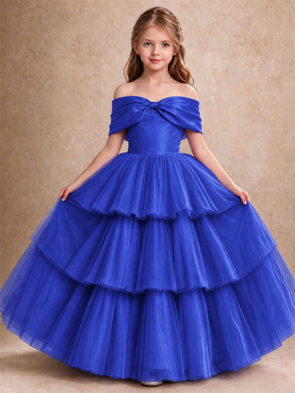 Off Shoulder Satin Bow Flower Girl Dress Tiered Ruffle Tulle Floor Length Wedding Pageant Gown