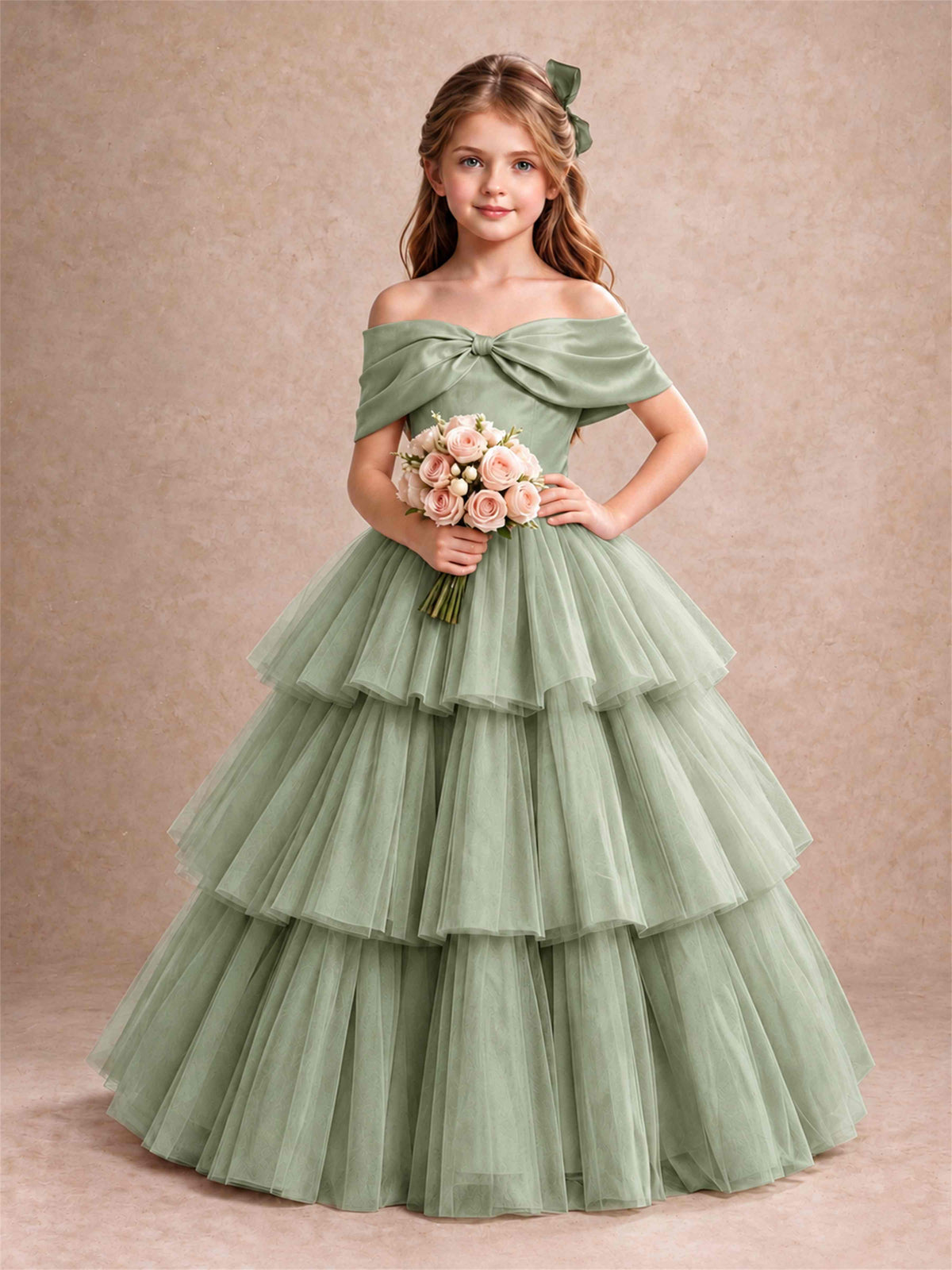 Off Shoulder Satin Bow Flower Girl Dress Tiered Ruffle Tulle Floor Length Wedding Pageant Gown