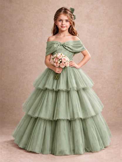 Off Shoulder Satin Bow Flower Girl Dress Tiered Ruffle Tulle Floor Length Wedding Pageant Gown