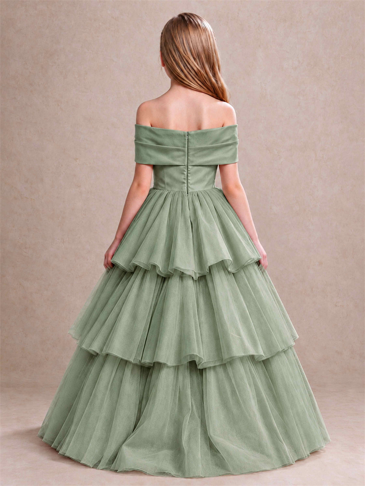 Off Shoulder Satin Bow Flower Girl Dress Tiered Ruffle Tulle Floor Length Wedding Pageant Gown
