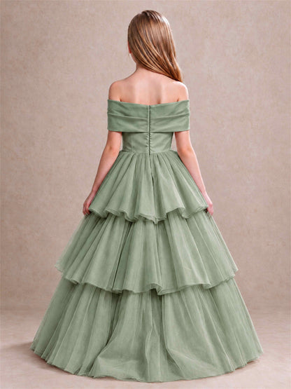 Off Shoulder Satin Bow Flower Girl Dress Tiered Ruffle Tulle Floor Length Wedding Pageant Gown