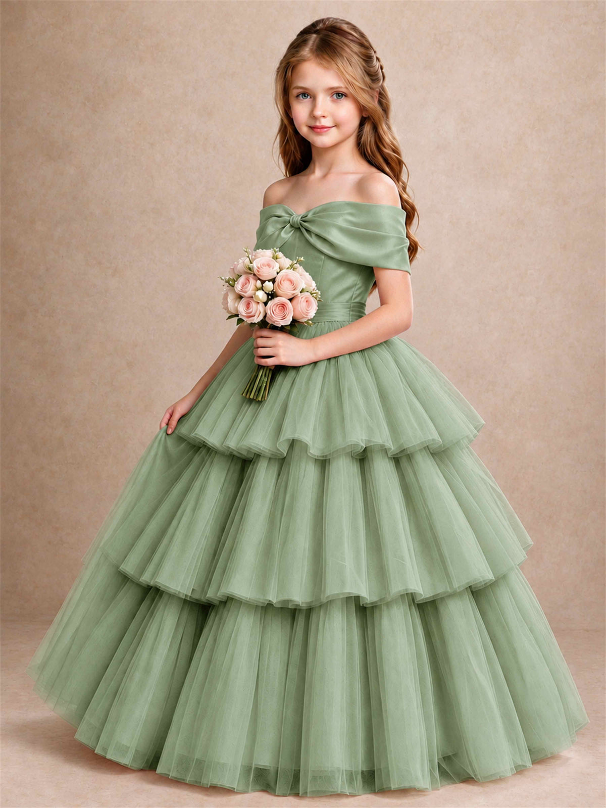 Off Shoulder Satin Bow Flower Girl Dress Tiered Ruffle Tulle Floor Length Wedding Pageant Gown