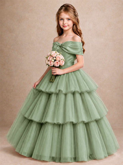 Off Shoulder Satin Bow Flower Girl Dress Tiered Ruffle Tulle Floor Length Wedding Pageant Gown