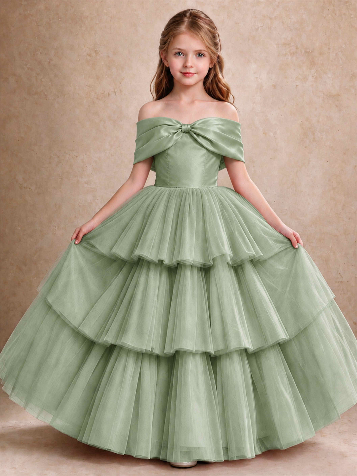Off Shoulder Satin Bow Flower Girl Dress Tiered Ruffle Tulle Floor Length Wedding Pageant Gown