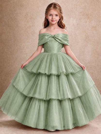 Off Shoulder Satin Bow Flower Girl Dress Tiered Ruffle Tulle Floor Length Wedding Pageant Gown