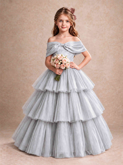Off Shoulder Satin Bow Flower Girl Dress Tiered Ruffle Tulle Floor Length Wedding Pageant Gown