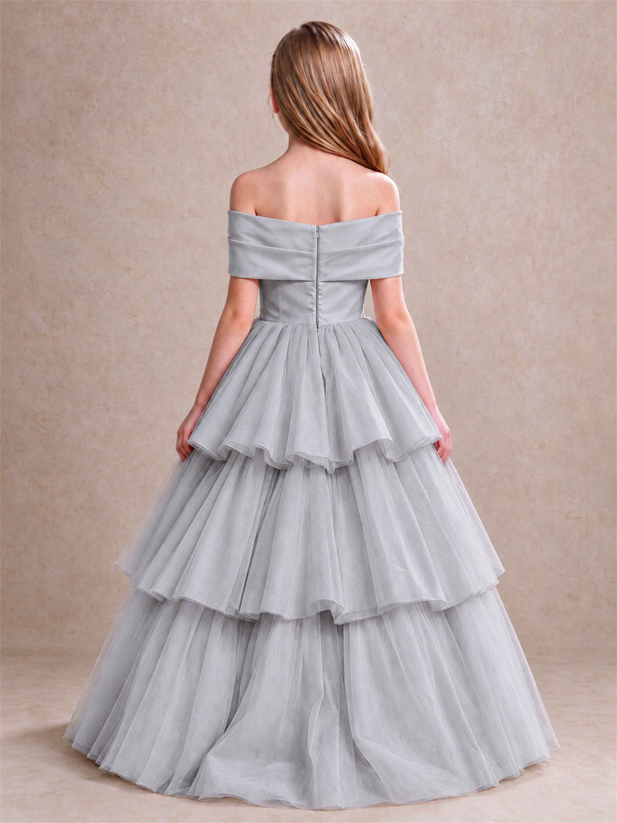 Off Shoulder Satin Bow Flower Girl Dress Tiered Ruffle Tulle Floor Length Wedding Pageant Gown