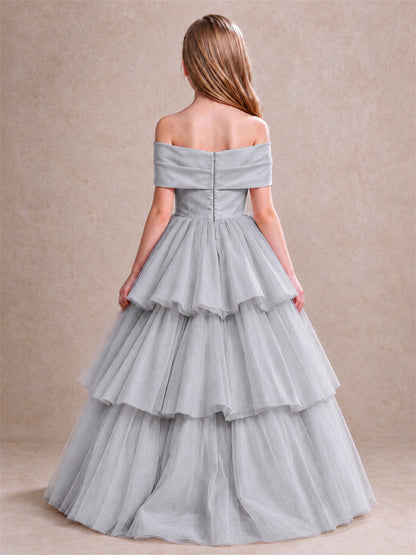 Off Shoulder Satin Bow Flower Girl Dress Tiered Ruffle Tulle Floor Length Wedding Pageant Gown