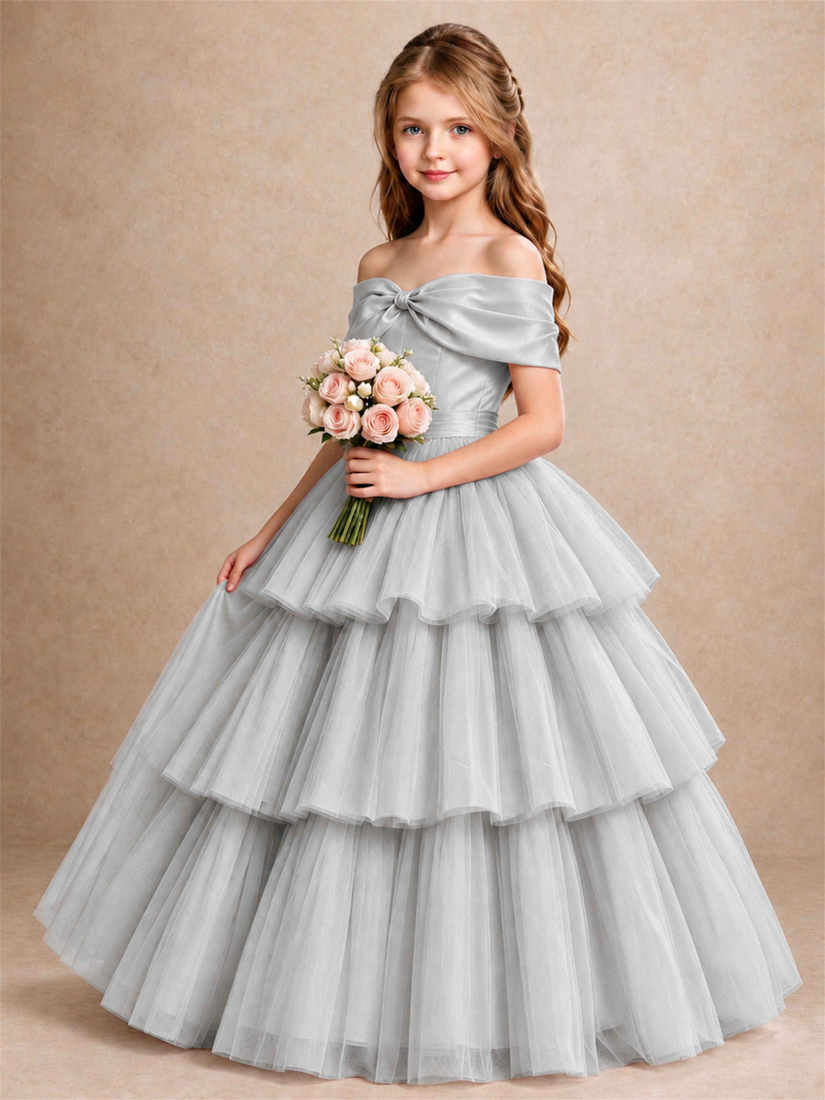 Off Shoulder Satin Bow Flower Girl Dress Tiered Ruffle Tulle Floor Length Wedding Pageant Gown