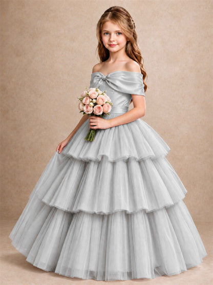 Off Shoulder Satin Bow Flower Girl Dress Tiered Ruffle Tulle Floor Length Wedding Pageant Gown