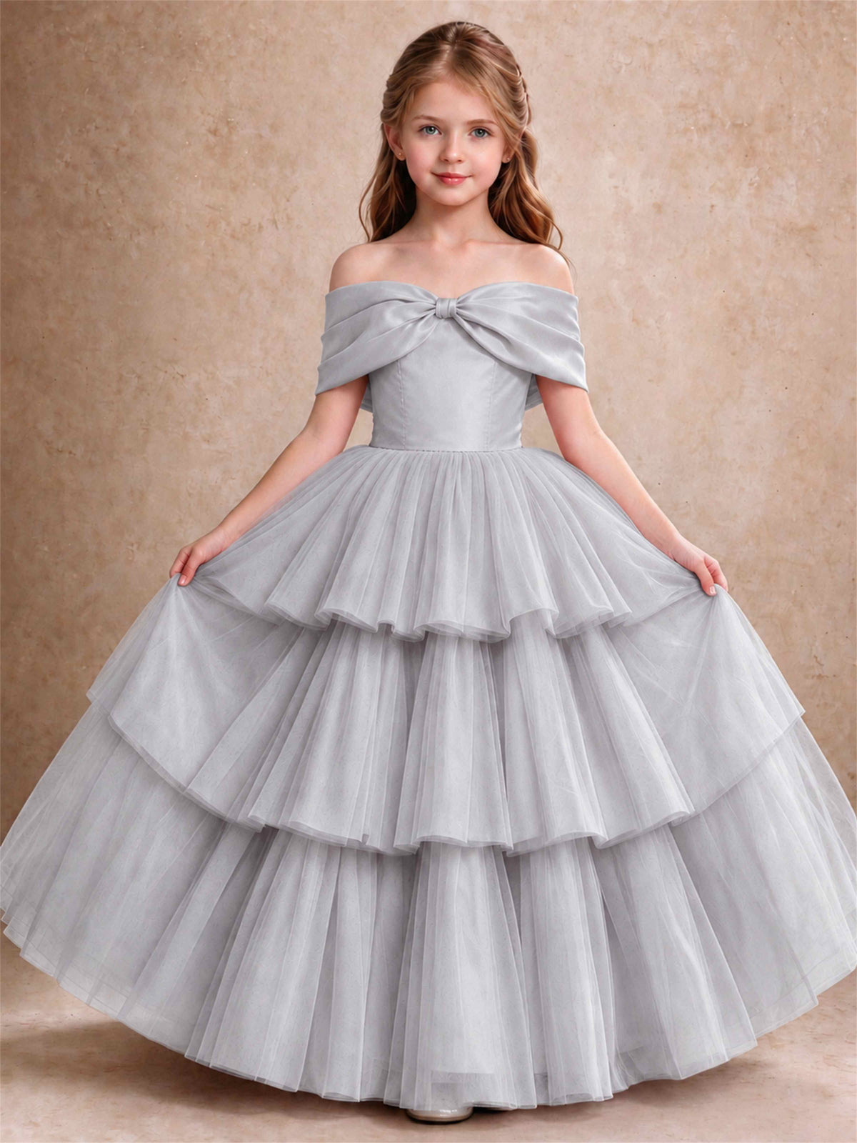 Off Shoulder Satin Bow Flower Girl Dress Tiered Ruffle Tulle Floor Length Wedding Pageant Gown
