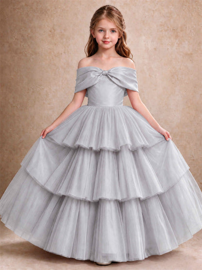 Off Shoulder Satin Bow Flower Girl Dress Tiered Ruffle Tulle Floor Length Wedding Pageant Gown