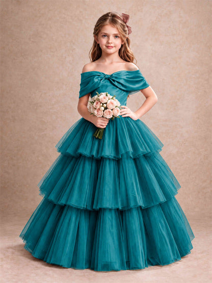 Off Shoulder Satin Bow Flower Girl Dress Tiered Ruffle Tulle Floor Length Wedding Pageant Gown