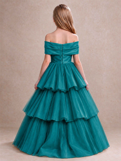 Off Shoulder Satin Bow Flower Girl Dress Tiered Ruffle Tulle Floor Length Wedding Pageant Gown