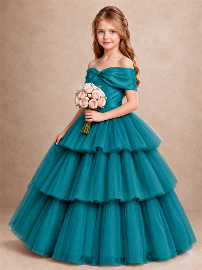 Off Shoulder Satin Bow Flower Girl Dress Tiered Ruffle Tulle Floor Length Wedding Pageant Gown