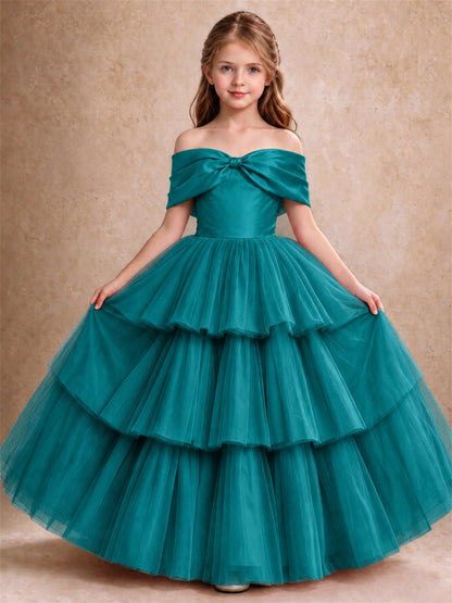 Off Shoulder Satin Bow Flower Girl Dress Tiered Ruffle Tulle Floor Length Wedding Pageant Gown