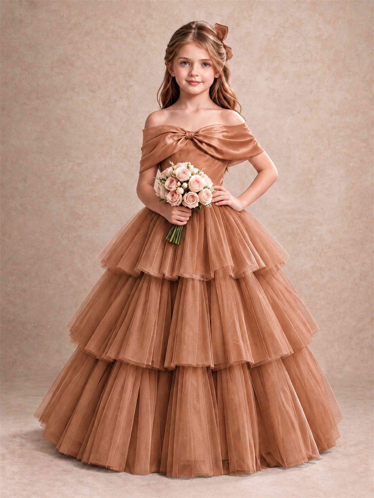 Off Shoulder Satin Bow Flower Girl Dress Tiered Ruffle Tulle Floor Length Wedding Pageant Gown