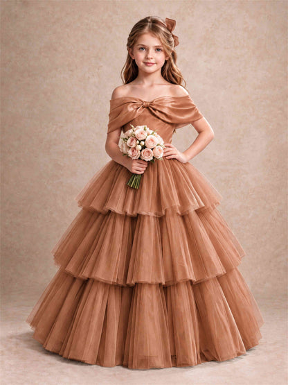 Off Shoulder Satin Bow Flower Girl Dress Tiered Ruffle Tulle Floor Length Wedding Pageant Gown