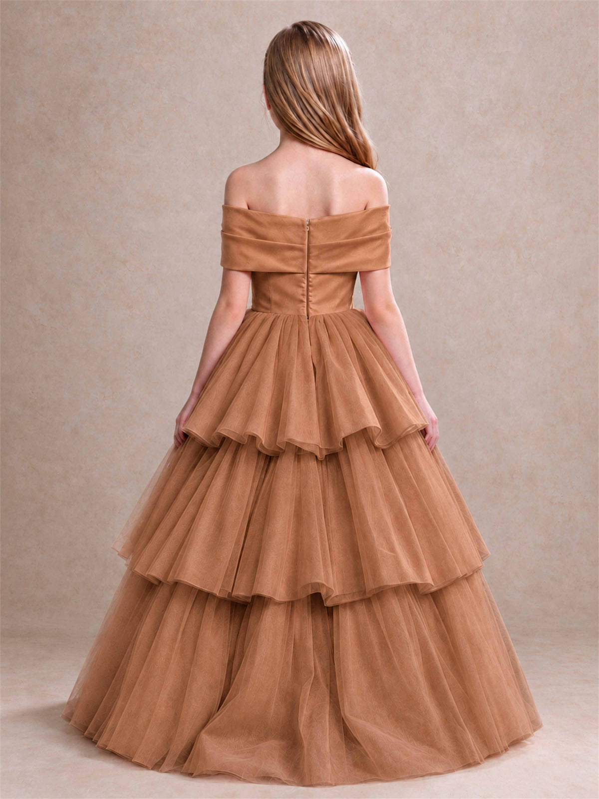 Off Shoulder Satin Bow Flower Girl Dress Tiered Ruffle Tulle Floor Length Wedding Pageant Gown