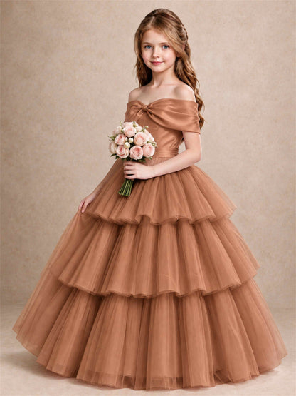 Off Shoulder Satin Bow Flower Girl Dress Tiered Ruffle Tulle Floor Length Wedding Pageant Gown