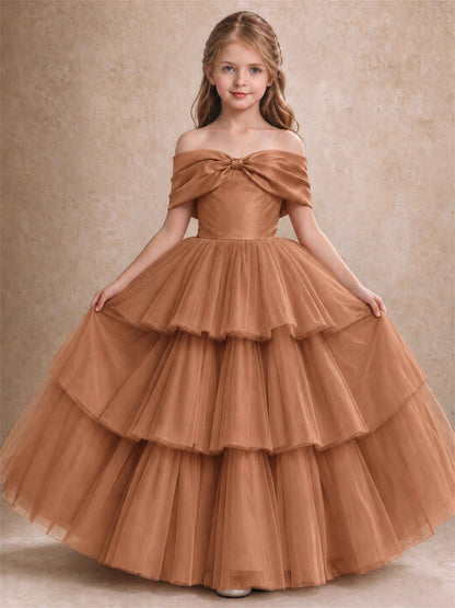 Off Shoulder Satin Bow Flower Girl Dress Tiered Ruffle Tulle Floor Length Wedding Pageant Gown