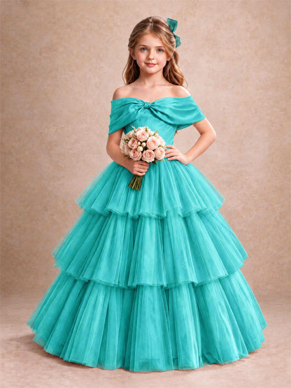 Off Shoulder Satin Bow Flower Girl Dress Tiered Ruffle Tulle Floor Length Wedding Pageant Gown
