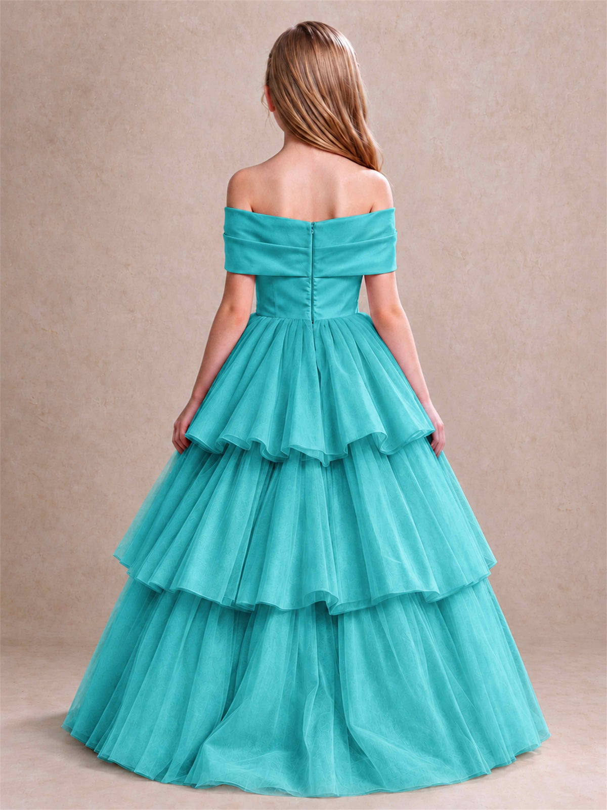 Off Shoulder Satin Bow Flower Girl Dress Tiered Ruffle Tulle Floor Length Wedding Pageant Gown