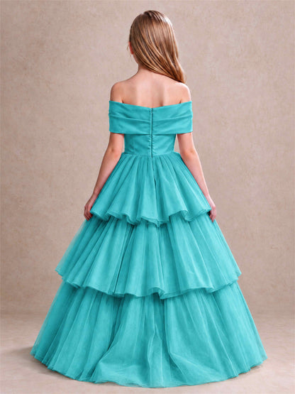 Off Shoulder Satin Bow Flower Girl Dress Tiered Ruffle Tulle Floor Length Wedding Pageant Gown