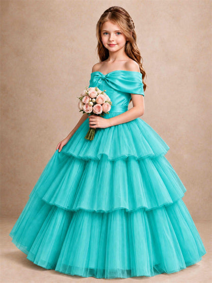 Off Shoulder Satin Bow Flower Girl Dress Tiered Ruffle Tulle Floor Length Wedding Pageant Gown