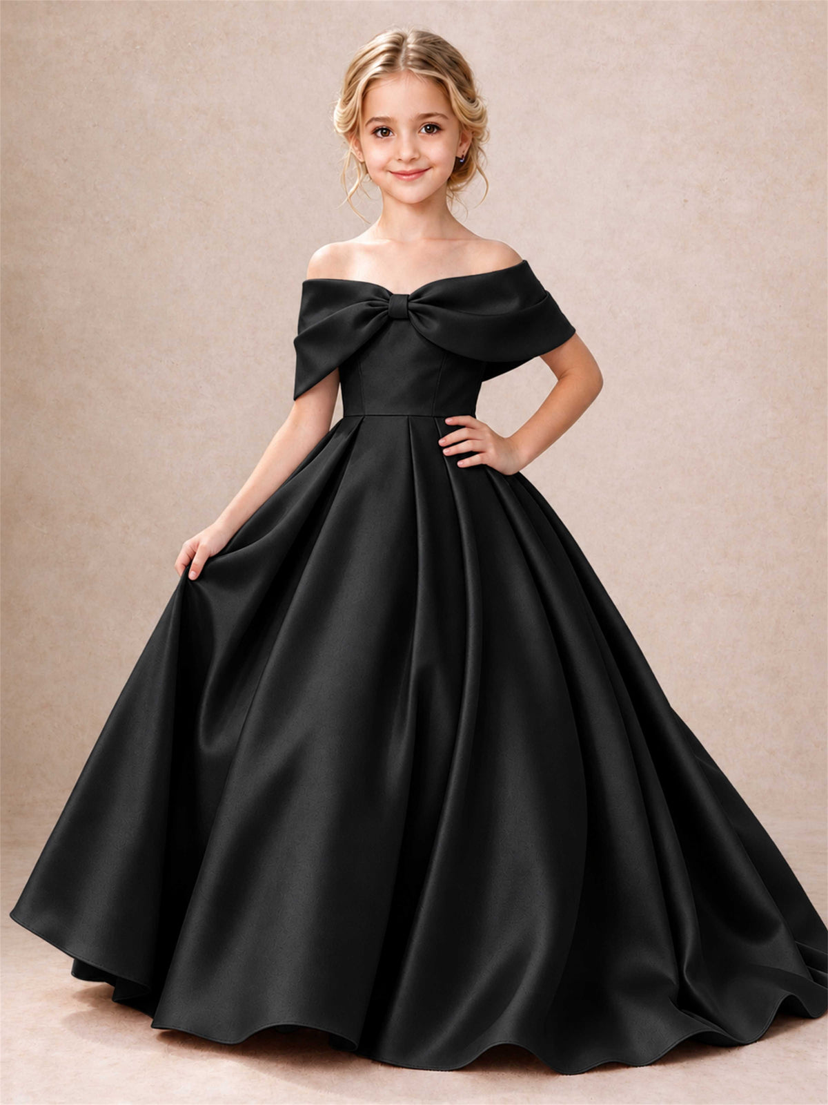 Off Shoulder Satin Flower Girl Dress Bow Detail Ball Gown for Wedding Pageant
