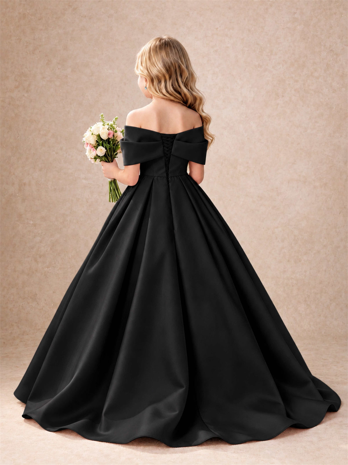 Off Shoulder Satin Flower Girl Dress Bow Detail Ball Gown for Wedding Pageant
