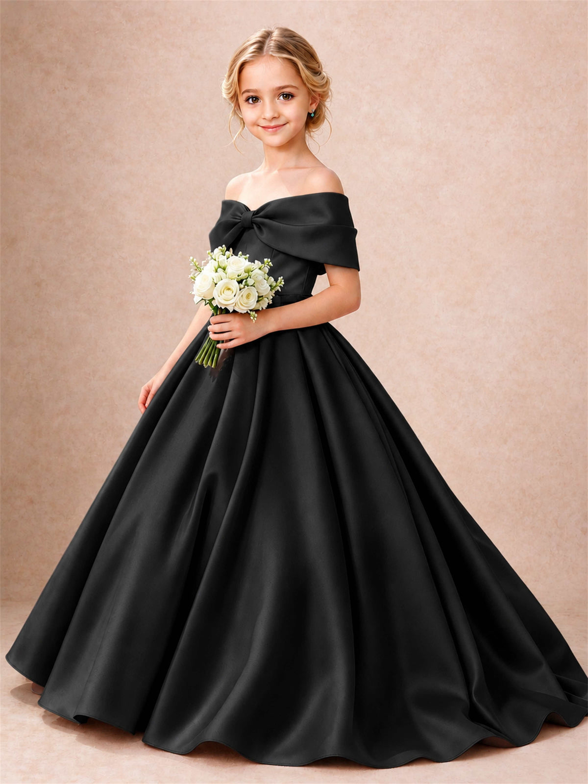 Off Shoulder Satin Flower Girl Dress Bow Detail Ball Gown for Wedding Pageant