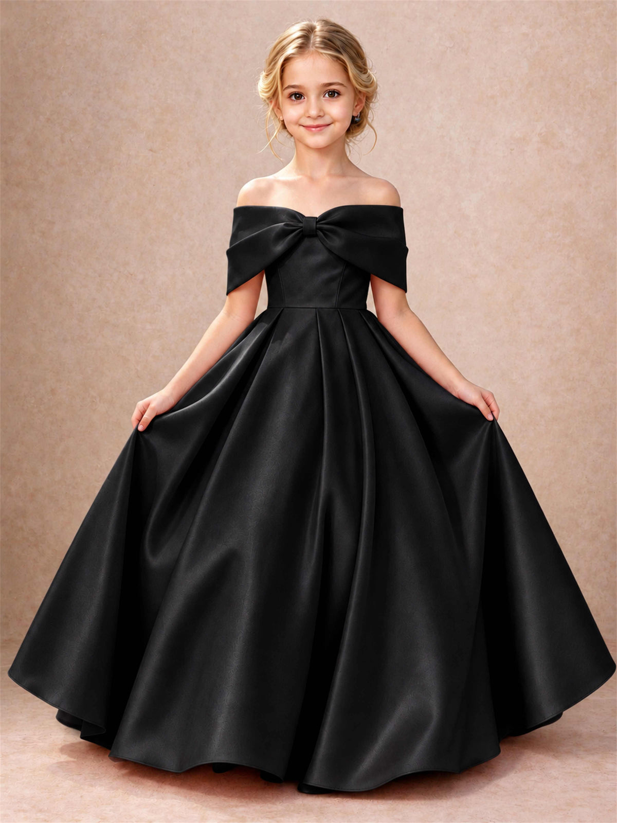 Off Shoulder Satin Flower Girl Dress Bow Detail Ball Gown for Wedding Pageant