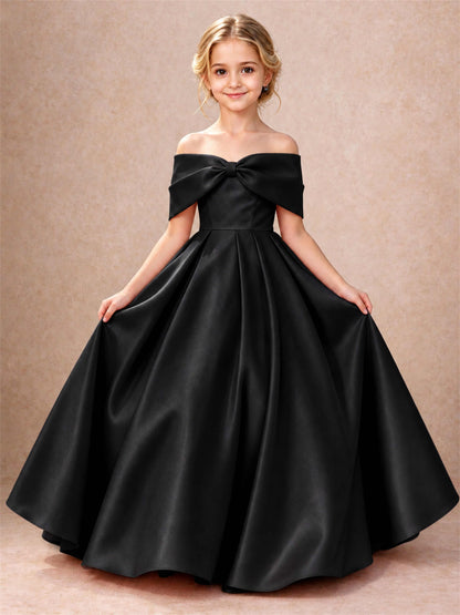 Off Shoulder Satin Flower Girl Dress Bow Detail Ball Gown for Wedding Pageant