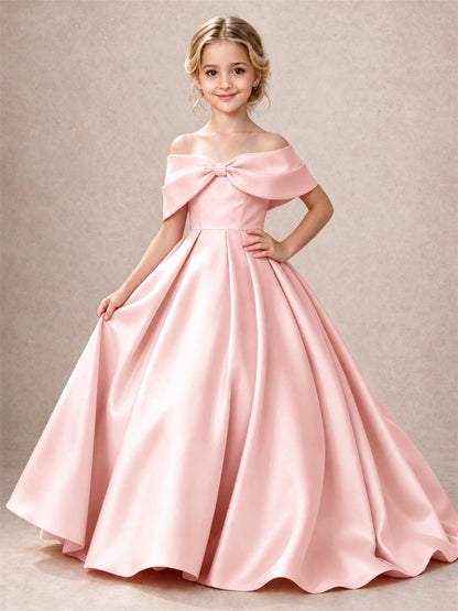 Off Shoulder Satin Flower Girl Dress Bow Detail Ball Gown for Wedding Pageant
