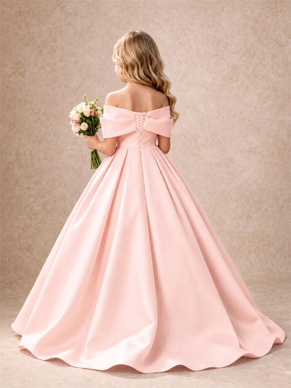 Off Shoulder Satin Flower Girl Dress Bow Detail Ball Gown for Wedding Pageant