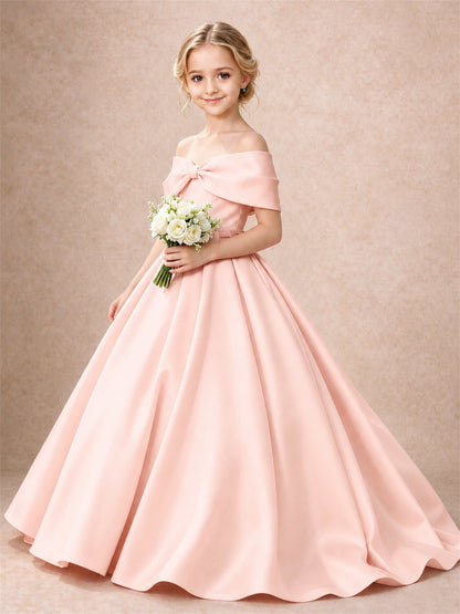 Off Shoulder Satin Flower Girl Dress Bow Detail Ball Gown for Wedding Pageant