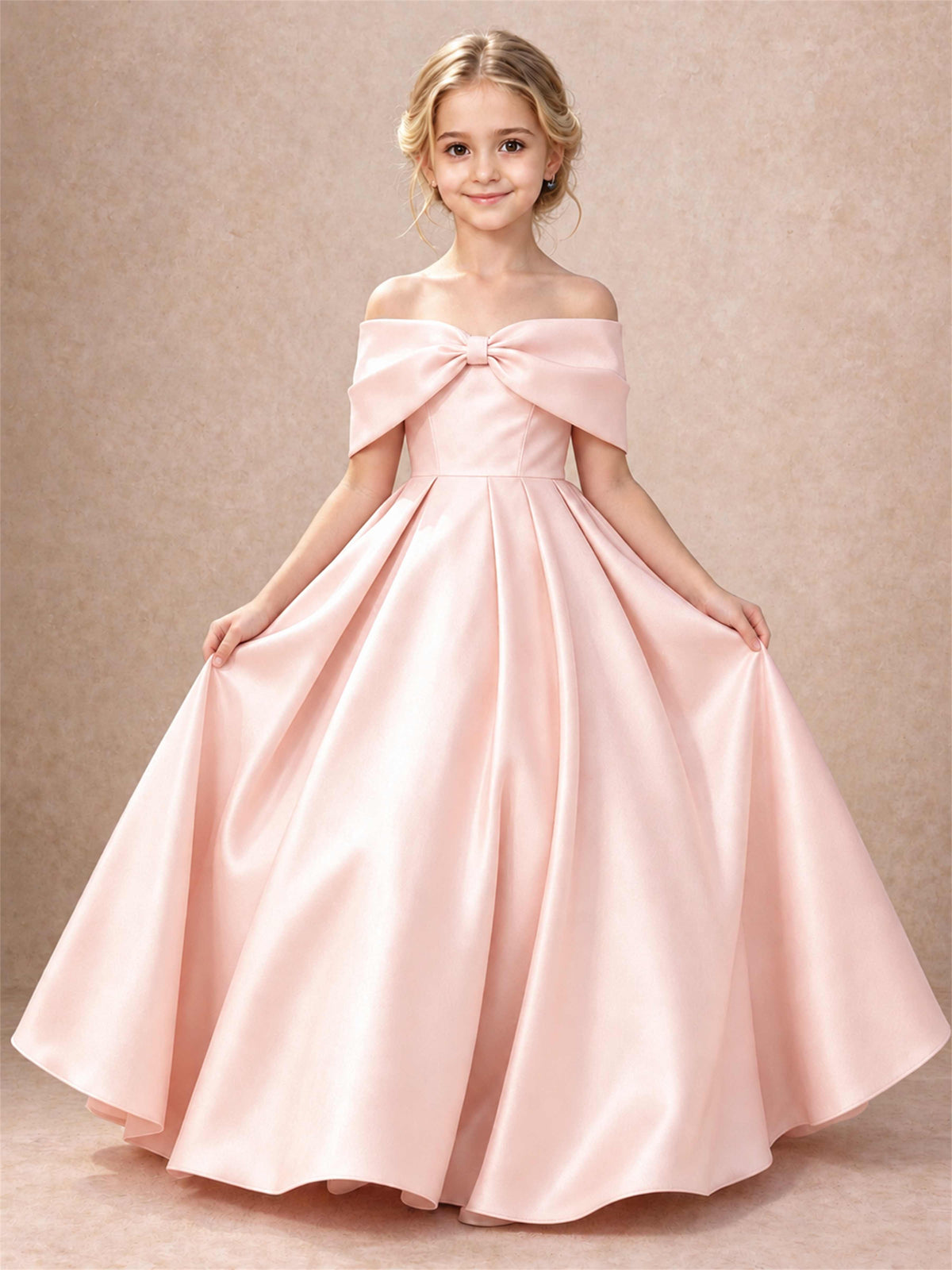 Off Shoulder Satin Flower Girl Dress Bow Detail Ball Gown for Wedding Pageant