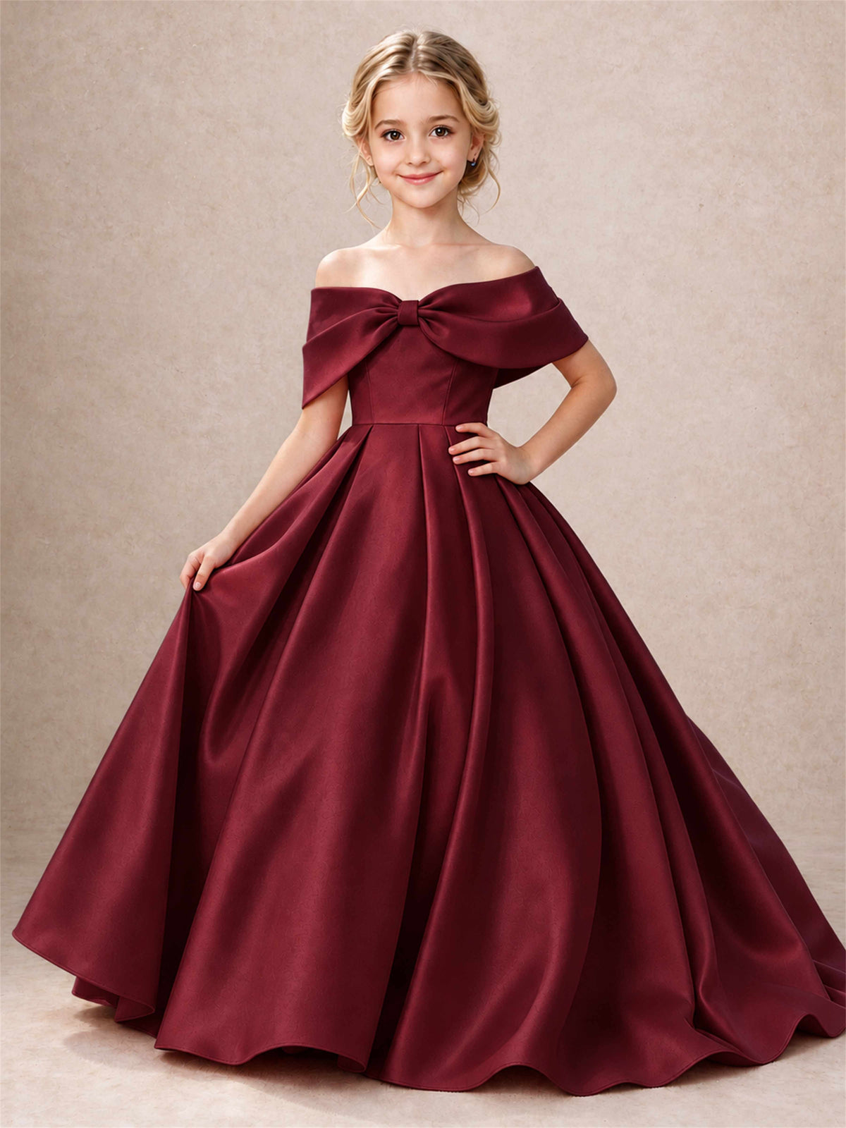 Off Shoulder Satin Flower Girl Dress Bow Detail Ball Gown for Wedding Pageant