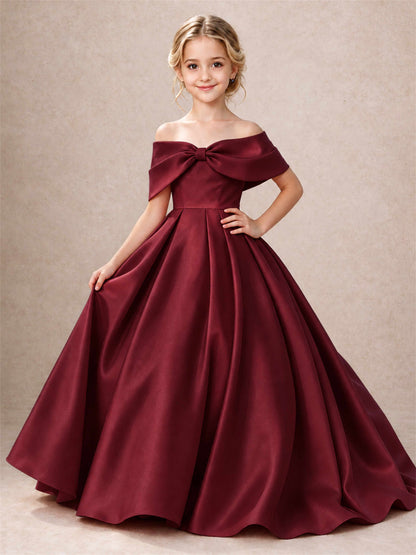 Off Shoulder Satin Flower Girl Dress Bow Detail Ball Gown for Wedding Pageant
