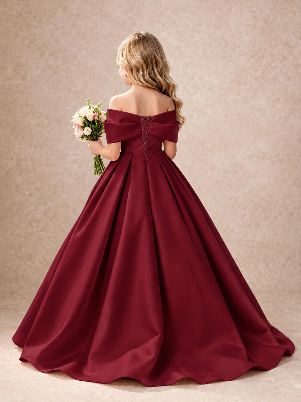 Off Shoulder Satin Flower Girl Dress Bow Detail Ball Gown for Wedding Pageant