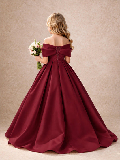 Off Shoulder Satin Flower Girl Dress Bow Detail Ball Gown for Wedding Pageant