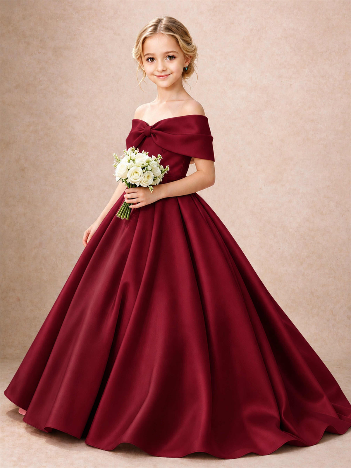 Off Shoulder Satin Flower Girl Dress Bow Detail Ball Gown for Wedding Pageant