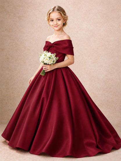 Off Shoulder Satin Flower Girl Dress Bow Detail Ball Gown for Wedding Pageant