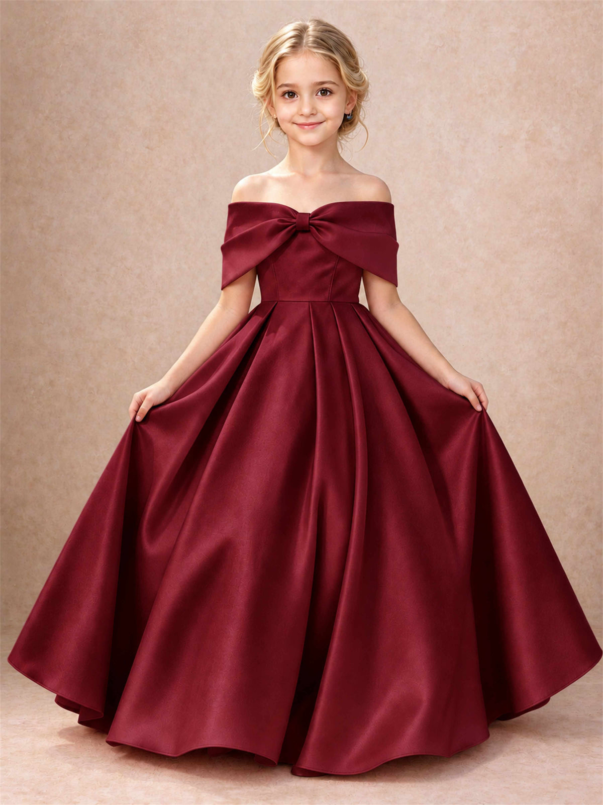 Off Shoulder Satin Flower Girl Dress Bow Detail Ball Gown for Wedding Pageant