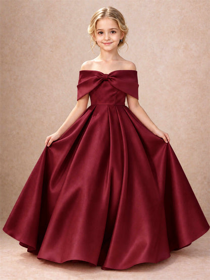 Off Shoulder Satin Flower Girl Dress Bow Detail Ball Gown for Wedding Pageant