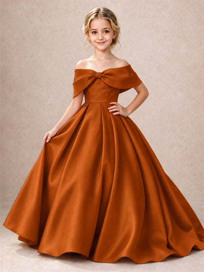 Off Shoulder Satin Flower Girl Dress Bow Detail Ball Gown for Wedding Pageant